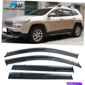 クロームカバー フィット14-21ジープチェロキーKLウィンドウバイザーレインサンガードw/クロムトリム4pcセット Fits 14-21 Jeep Cherokee KL Window Visors Rain Sun Guard w/ Chrome Trim 4Pc Set