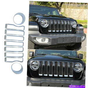 �N���[���J�o�[ �t�����g�O�����O�����ƃw�b�h���C�g�J�o�[�W�[�v�����O���[JL 2018-2020�N�����̂��߂̃g���� Front Grille Grill & Head Light Cover Trim For Jeep Wrangler JL 2018-2020 Chrome�y���s�A���i�z