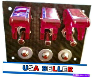 Dashboard Cover 3�g�O���X�C�b�`�p�l�����A���J�[�{���t�@�C�o�[�Ԃ��J�o�[/���C�g�ƐԂ�LED�C���W�P�[�^�[ 3 Toggle Switch Panel Real Carbon Fiber RED Covers/Lights and RED LED Indicators