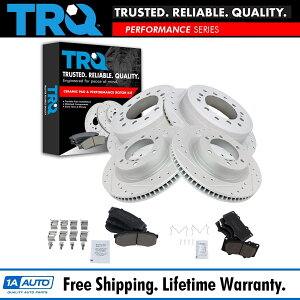 brake disc rotor TRQ�t�����g���APOSI�Z���~�b�N�p�b�h�Z�b�g�Ɛ��\�h�����ƃX���b�g�t���u���[�L���[�^�[ TRQ Front Rear Posi Ceramic Pad Set & Performance Drilled & Slotted Brake Rotors