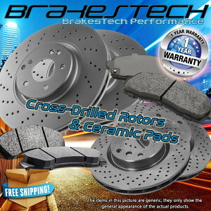 brake disc rotor �t�����g�u���[�P�l�e�B�b�N�v���~�A���u���[�P�l�e�B�b�N�X���b�g�X���b�g + posi�Â�bpk93569 Front+Rear Cross Drilled Rotors & Ceramic Pad for 2008-2009 Audi TT Quattro 3.2L�y���s�A���i�z
