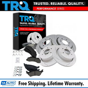 brake disc rotor TRQtgAZ~bNu[LpbhƓŶ߂̃NXh[^[ TRQ Front & Rear Ceramic Brake Pads & Cross Drilled Rotors for Nissan New