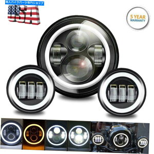 Headlight 7 "LED�n���[�A���O���A�C�w�b�h���C�g+�p�X���C�g�n�[���[�f�r�b�h�\���c�[�����O���[�h�L���O 7" LED Halo angle eye Headlight+Passing Lights Harley Davidson Touring Road King