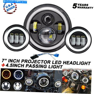 Headlight 7 "LED�n���[�����O�w�b�h���C�g + 4.5"�n�[���[�c�A�[�G���N�g���O���C�h�̃p�X���C�g 7" LED Halo Ring Headlight + 4.5" Passing Light for Harley Touring Electra Glide