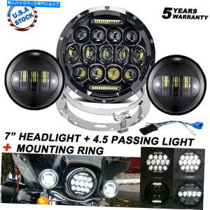 Headlight �n�[���[�_�r�b�h�\���c�[�����O�p��7��LED�I�[�g�o�C�w�b�h���C�g +�t�H�O�p�X +�u���P�b�g 7 LED Motorcycle Headlight + Fog Passing + Brackets for Harley-Davidson Touring