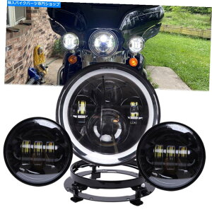 Headlight �u���b�N7 "LED�w�b�h���C�g+4.5"���̒ʉߓ� +�����O�}�E���g�n�[���[�c�[�����O Black 7" LED Headlight +4.5" Fog Passing Lights +Ring Mounts For Harley Touring