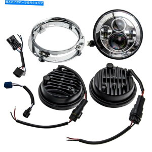 Headlight 7 "�u���b�NLED�w�b�h���C�g +�p�X���C�g +�n�[���[�����p�̃}�E���g�����O�L�b�g 7" Black LED Headlight + Passing Lights + Mount Ring kit For Harley Replacement