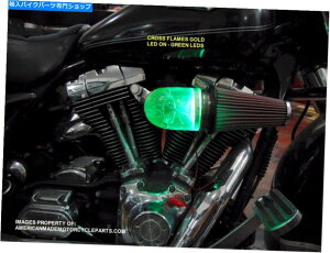 Air Filter 3DNXt[O[LEDGAN[i[zCtB^[n[[G{|CgR[ 3D CROSS FLAMES GREEN LED Air Cleaner Intake Filter Harley Elbow Point Cone