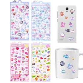 Coollooda ぷくぷくシール 可愛い 4枚セット 立体 ごほうびステッカー ドロップステッカー ボンボンドロップシールセット キラキラな 女の子 デコステッカー 立体 光沢のある 水カップ スクー