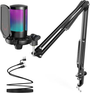 FIFINE �R���f���T�[�}�C�N RGB���C�e�B���O �J�[�f�B�I�C�h�w���� �v���O���v���C USB-C��USB-A�P�[�u���t�� �����^�b�`�~���[�g YouTube Skype Discord Zoom �^�� �Q�[������ �{�C�Y�`���b�g ���C�u�z