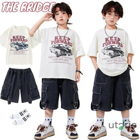 車柄 tシャツ ベージュ キッズ ダンス衣装 セットアップ 上下セット 韓国 子供ダンス　 男の子 トップス 半袖 黒 ハーフパンツ デニム ショート丈 ステージ衣装 カジュアル 練習着 HIPHOP 演出服 練習着 舞台 ダンス発表会 おしゃれ 110-180cm