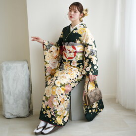 【レンタル】【振袖 正絹着物+袋帯 21点セット 絵羽 深緑に古典花霞】着物セット 女性 成人式 結婚式 前撮り20歳 20才 二十歳 二十才 はたち 正装 和装 フォーマル 晴れ着 記念撮影 足袋プレゼント 往復送料無料