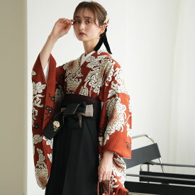 【レンタル】【そしてゆめ 袴 17点セット 煉瓦色に古典糸目乱菊 日本製】 二尺袖着物 はかま フルセット 卒業式 大学生 専門学生 レディース 女性 足袋プレゼント 重ね衿縫い付済 往復送料無料