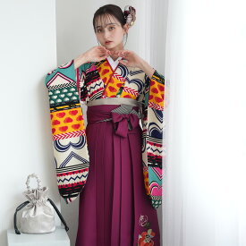 【レンタル】【モダンアンテナ 袴 17点セット 日本製 レトロティカハート】二尺袖着物 はかま フルセット 卒業式 大学生 専門学生 レディース 女性 袴99cm（身長163-170cm）足袋プレゼント 重ね衿縫い付済 往復送料無料