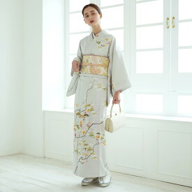【レンタル】訪問着 20点セット フリーサイズ（身長153-168cm） 訪問着 着物 フルセット 花 女性 グレー系 ラベンダー 橙 白 ピンク 緑 梅 梅枝 笹 松 フォーマル 入学式 卒業式 結婚式 二次会 お宮参り 食事会 七五三 パーティー 往復送料無料