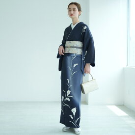 【レンタル】 訪問着 20点セット フリーサイズ（身長153-168cm） 訪問着 着物 フルセット 花 女性 紺系 グレー グラデーション ボタニカル カラー フォーマル 入学式 卒業式 結婚式 二次会 お宮参り 食事会 七五三 パーティー 往復送料無料