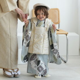 【レンタル】【ひよこ商店 kids 七五三 着物 3歳 男の子 ベレー帽つき被布フルセット ベージュ金彩×ミント七宝】人気ブランドの七五三お祝い着セット（被布コート・着物・重ね衿・長襦袢・半衿・信玄袋・雪駄・ベレー帽・足袋）往復送料無料◆2026年1月初旬まで空きなし◆