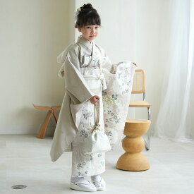 【レンタル】【ひよこ商店 七五三 着物 7歳 女の子 四つ身 半身 アイスグレー銀彩×グレージュ雪輪】着物セット 子供 kids お祝い着 記念撮影 七歳 七才 女児 着物 日本製作り帯 長襦袢 志古貴 ハコセコ 草履 バッグ びら簪 足袋 120cm-135cm前後　往復送料無料