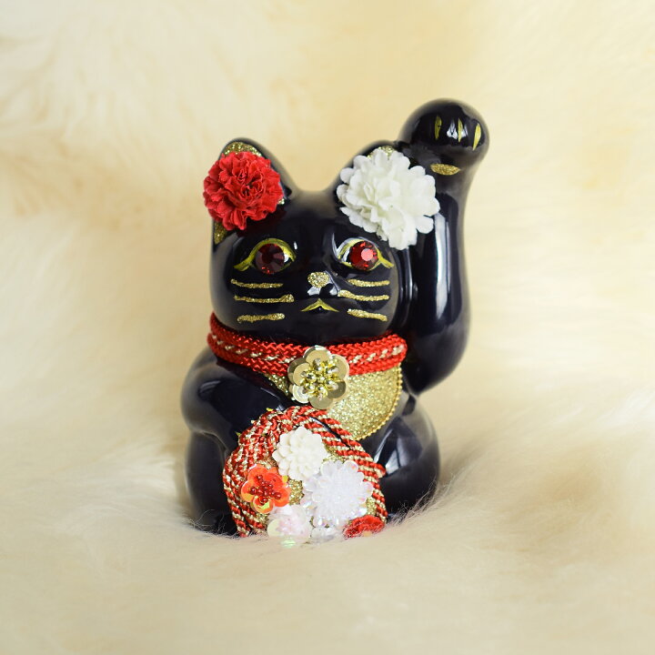 楽天市場】【ニコアンティーク×ご縁猫 招き猫 牡丹（ぼたん）】 4号 黒 