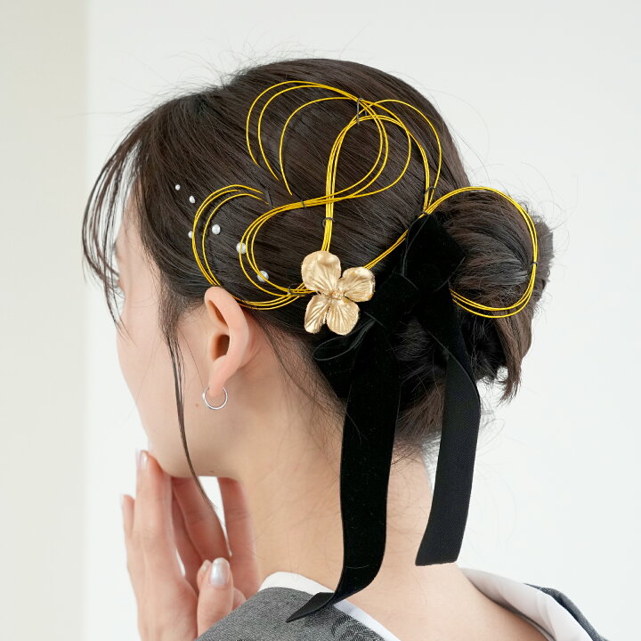 楽天市場】【髪飾り ベルベットリボン＆水引＆パール＆ゴールドアクセ  