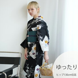 2026再入荷【utatane 浴衣 単品 高級変わり織｜ブラックに松皮菱取と桔梗（3Lサイズ）】国産生地・国内染色｜希少図案を現代に復刻｜ゆったりサイズ（ヒップ約130cm位まで対応）｜浴衣（ゆかた）
