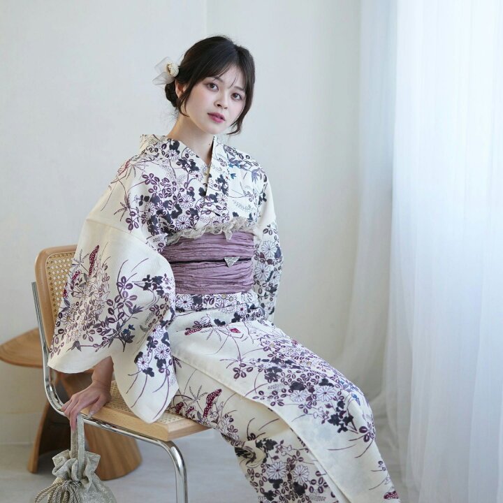 楽天市場】【utatane 高級変わり織 浴衣3点セット ベージュに薄紫の 