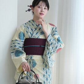 2026新作【utatane 浴衣 3点セット レディース 綿麻 高級変わり織｜先染めベージュ 紺色の麻の葉と鞠（フリーサイズ）】特選・麻混/綿麻｜デパート品質｜浴衣・帯・下駄付き