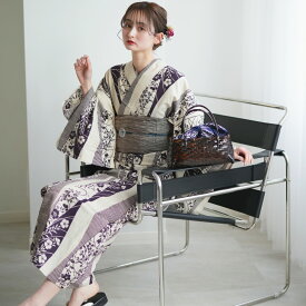 【utatane×注染工房 日本製小幅生地使用 浴衣3点セット 先染めベージュ　紫の萩と撫子よろけ縞】特選シリーズ 注染 本染め にじみ 手染め ぼかし フリーサイズ 浴衣セット（ゆかた・帯・下駄） 日本製 国産 手縫い併用国内縫製 奈良の職人さんの手染め ブランド