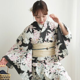 【utatane 高級変わり織 浴衣3点セット オフホワイト 鈍鉄紺に敷き詰められた百合と芍薬】特選・ 大好評のデパート品質 フリーサイズ 浴衣セット（ゆかた・帯・下駄）ここでしか買えない昭和初期アンティーク復刻版 国産生地 国内染色 上質 ブランド