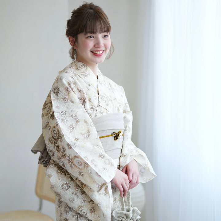 楽天市場】【綿絽 高級変わり織 浴衣3点セット ベージュとからしの菊 