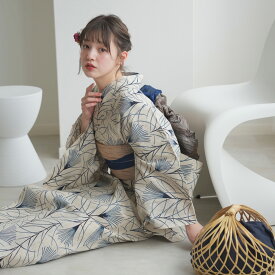 【utatane×注染工房 日本製小幅生地使用 浴衣3点セット 先染めベージュ すすき灰青ぼかし】特選シリーズ 注染 本染め にじみ 手染め ぼかし フリーサイズ 浴衣セット（ゆかた・帯・下駄）日本製 国産 手縫い併用国内縫製 奈良の職人さんの手染め ブランド