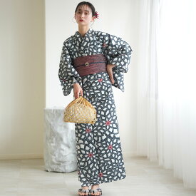 【utatane 高級変わり織 浴衣3点セット 紺の広がる菊】ここでしか買えない昭和初期アンティーク復刻版 フリーサイズ 浴衣セット（ゆかた・帯・下駄）ですぐお出かけ ニュアンスカラーレトロ 上質 うたたね 国産生地 国内染色