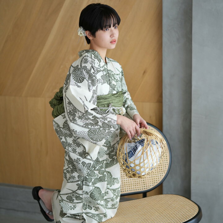 楽天市場】【utatane 高級変わり織 浴衣3点セット きなりに抹茶の露芝  