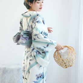 【utatane 高級変わり織 浴衣3点セット 淡いミントの霧ぼかし花】ここでしか買えない昭和初期アンティーク復刻版 フリーサイズ 浴衣セット（ゆかた・帯・下駄）ですぐお出かけ ニュアンスカラーレトロ 上質 うたたね 国産生地 国内染色 ブランド