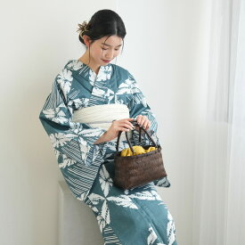 【utatane 高級変わり織 浴衣3点セット 鈍青の七宝染め分け】ここでしか買えない昭和初期アンティーク復刻版 フリーサイズ 浴衣セット（ゆかた・帯・下駄）ですぐお出かけ ニュアンスカラーレトロ 上質 うたたね 国産生地 国内染色 ブランド