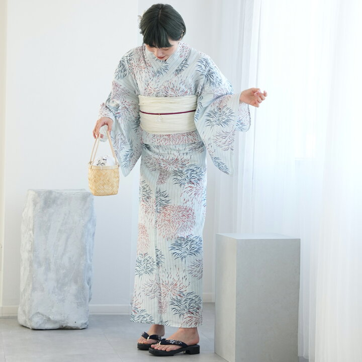 楽天市場】【utatane 高級変わり織 浴衣3点セット 白藍に縞と花火  