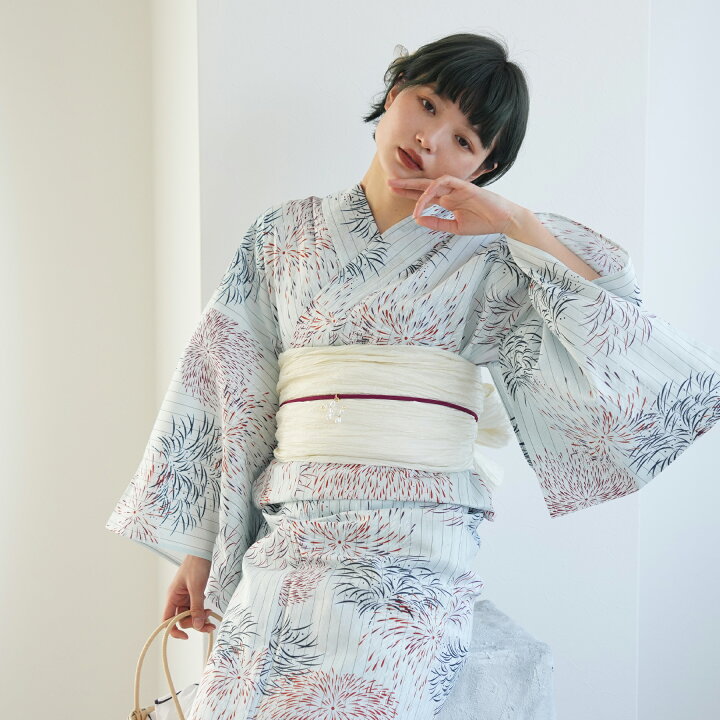 楽天市場】【utatane 高級変わり織 浴衣3点セット 白藍に縞と花火  