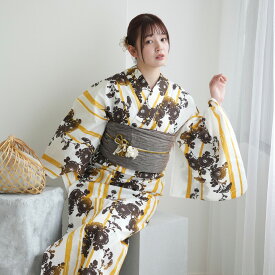 【ニコアンティーク 高級変わり織 浴衣3点セット からしのバンブーストライプと菊影絵】みんなと違う浴衣を着よう！個性派きものブランドNicoAntiqueの2025年新作 フリーサイズ 浴衣セット（ゆかた・帯・下駄）ニュアンスカラーレトロ 上質 うたたね 国産生地