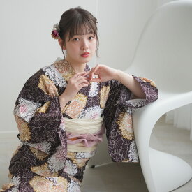 【utatane 高級変わり織 浴衣3点セット 紫鳶に敷き詰めた花】ここでしか買えない昭和初期アンティーク復刻版 フリーサイズ 浴衣セット（ゆかた・帯・下駄）ですぐお出かけ ニュアンスカラーレトロ 上質 うたたね 国産生地 国内染色 ブランド