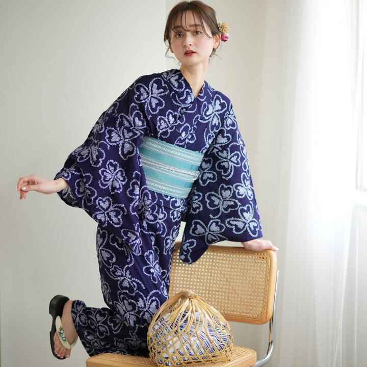 楽天市場】【utatane 有松絞り 浴衣3点セット 藍色に隠れる四つ葉 