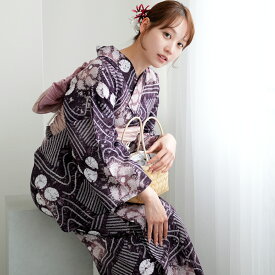 【utatane 有松絞り 浴衣3点セット アメジストに流水花】特選シリーズ 伝統工芸 国内縫製 手縫い併用希少 一生もの フリーサイズ 紗献上 単衣帯 浴衣セット（ゆかた・帯・下駄）ですぐお出かけ 一度袖を通すと忘れらないガーゼのような至極の肌当たり