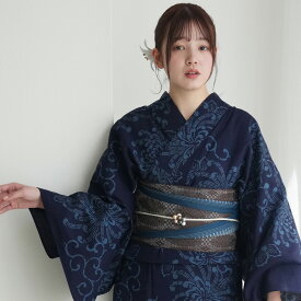 【utatane×注染工房 日本製小幅生地使用 浴衣3点セット 赤坂紬　濃紺に古典乱菊】特選シリーズ 注染 本染め にじみ 手染め ぼかし フリーサイズ 浴衣セット（ゆかた・帯・下駄）ですぐお出かけ 日本製 国産 手縫い併用国内縫製 奈良の職人さんの手染め