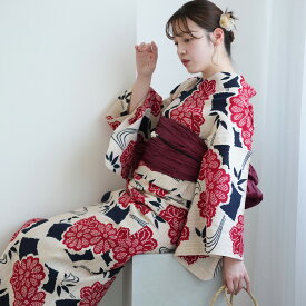 2026再入荷【utatane × 注染工房 浴衣 3点セット レディース 特選 注染｜先染めベージュ　赤と黒の小菊と扇面（フリーサイズ）】日本製小幅生地使用｜綿100％｜浴衣・帯・下駄付き