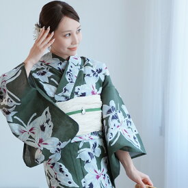 【utatane 高級変わり織 浴衣3点セット　灰緑に揚羽】ここでしか買えない昭和初期アンティーク復刻版 フリーサイズ 浴衣セット（ゆかた・帯・下駄）ですぐお出かけ 上質 うたたね 国産生地 国内染色