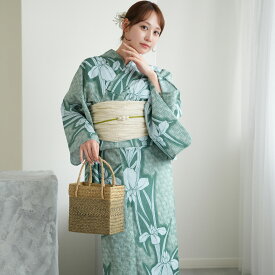 【utatane 高級変わり織 浴衣3点セット 翡翠に菖蒲】ここでしか買えない昭和初期アンティーク復刻版 フリーサイズ 浴衣セット（ゆかた・帯・下駄）ですぐお出かけ 上質 うたたね 国産生地 国内染色