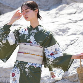 【utatane 高級変わり織 浴衣3点セット グリーンに松皮菱取と桔梗】ここでしか買えない昭和初期アンティーク復刻版 フリーサイズ 浴衣セット（ゆかた・帯・下駄）ですぐお出かけ 上質 うたたね 国産生地 国内染色