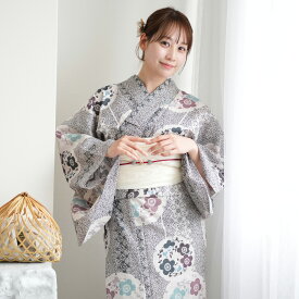 【utatane 高級変わり織 浴衣3点セット墨黒の霧と梅雪輪】ここでしか買えない昭和初期アンティーク復刻版 フリーサイズ 浴衣セット（ゆかた・帯・下駄）ですぐお出かけ 上質 うたたね 国産生地 国内染色