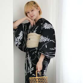 【utatane 高級変わり織 浴衣3点セット 黒地に白のしだれ藤と縞絞り柄】ここでしか買えない昭和初期アンティーク復刻版 フリーサイズ 浴衣セット（ゆかた・帯・下駄）ですぐお出かけ 上質 うたたね 国産生地 国内染色