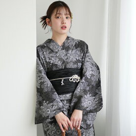 【utatane 高級変わり織 浴衣3点セット グレーに重なる古典菊】ここでしか買えない昭和初期アンティーク復刻版 フリーサイズ 浴衣セット（ゆかた・帯・下駄）ですぐお出かけ 上質 うたたね 国産生地 国内染色