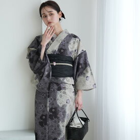 【20％OFF】着るだけ、優勝。2026最旬！細見え粋モード浴衣 2026新作【utatane 浴衣 3点セット レディース 高級変わり織｜ブラックアッシュの染分け梅つばき（フリーサイズ）】国産生地・国内染色｜希少図案を現代に復刻｜浴衣・帯・下駄付き
